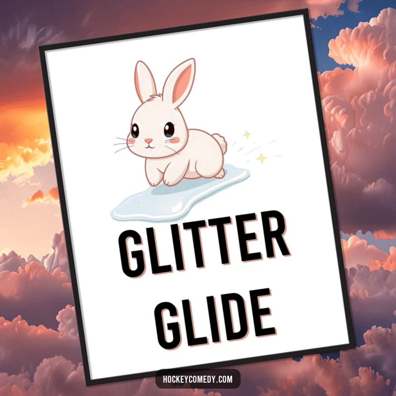 Funny digital art print of a cute rabbit character ice skating with a dazzling trail of sparkles, ideal for instant magical decor.