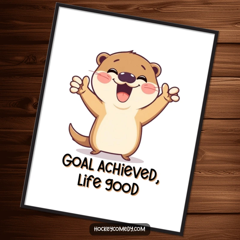 Funny digital art of a gleeful otter striking a hilarious victory pose after scoring a goal, perfect for instant, joyous digital decoration.