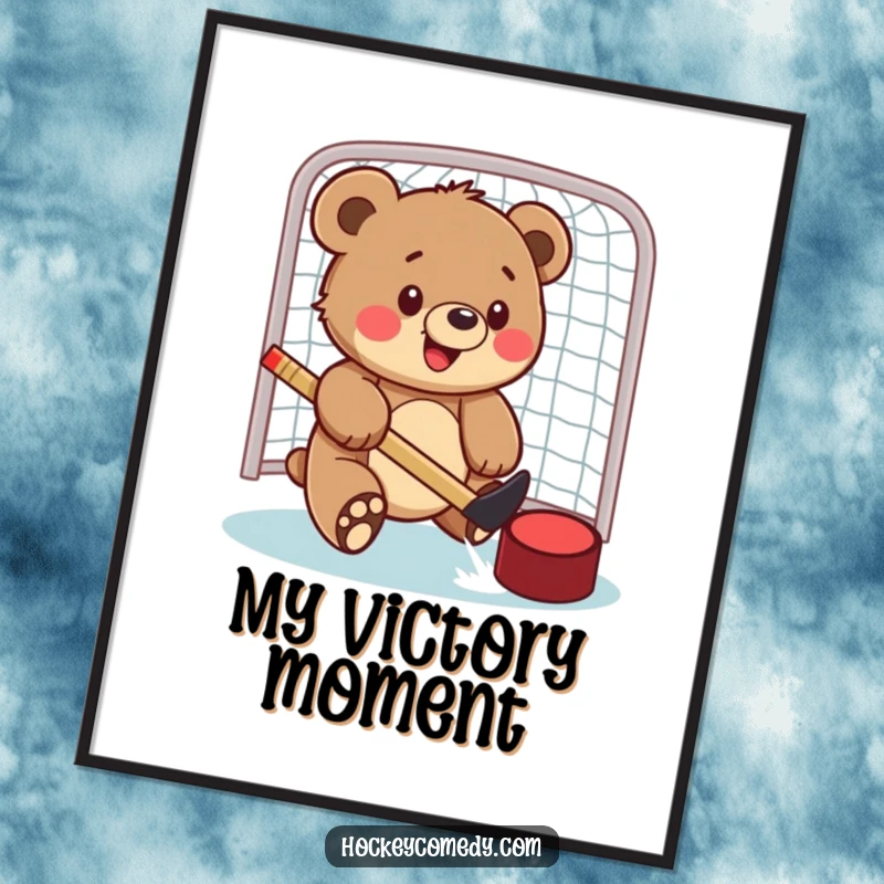 Funny digital art print of a bear cub joyfully swatting a hockey puck into a net, capturing the fun and energy of the game.