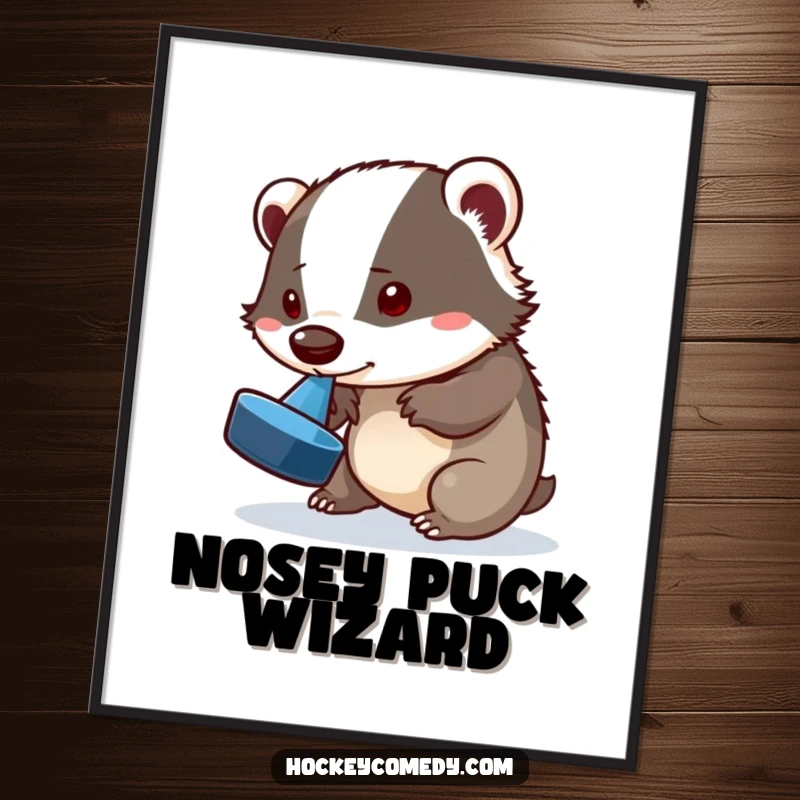 Funny badger digital art, a playful badger attempting a puck flip with its nose, humorous illustration, instant download gift.