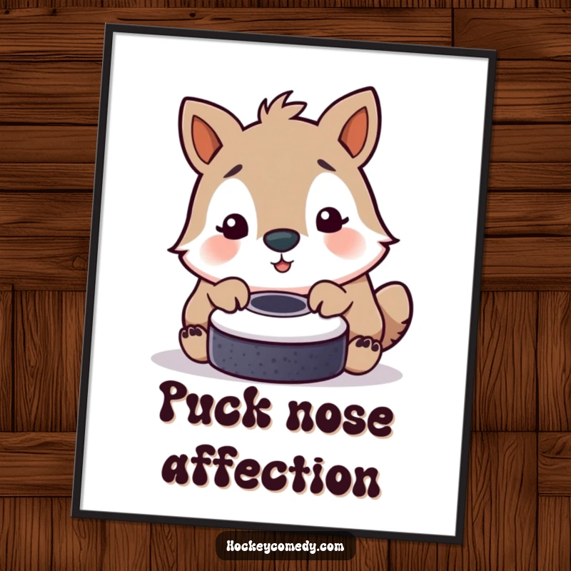 Funny digital art print of an animal adorably nudging a hockey puck with its nose, perfect for playful decor.