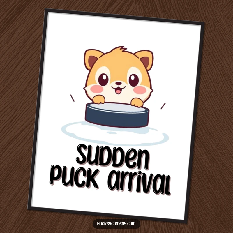 Funny digital art print of an animal's exaggerated, shocked expression as a hockey puck heads its way, ready to print.