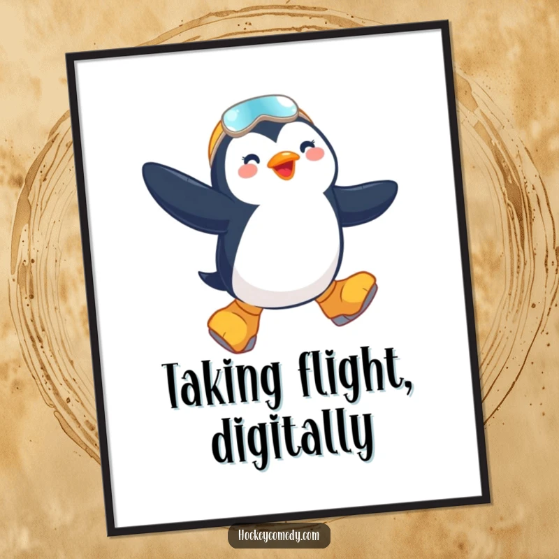 Funny digital art print of a jubilant penguin performing an exciting mid-air jump on oversized skates, capturing pure winter delight.
