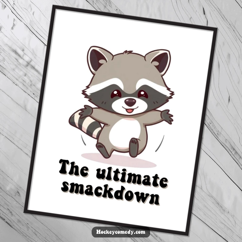 Funny digital art of a determined raccoon sliding headfirst, capturing its uninhibited joy and playful, comical spirit for instant decorative fun.