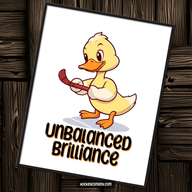 Funny digital art print: A determined duck attempts a slap shot, looking comically unbalanced on the ice, capturing athletic humor.