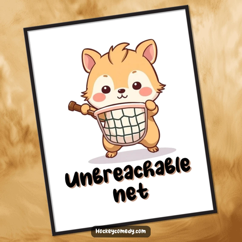 Funny digital art print of a brave animal playing goalie, intensely defending a small net, ready for printing and display.