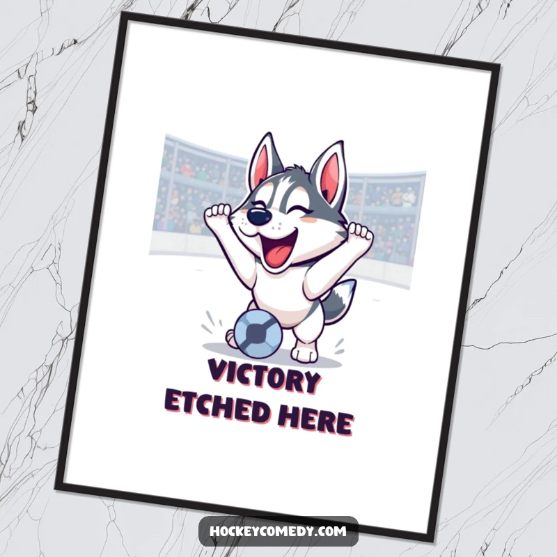 Funny husky digital art print of a soccer goal with a triumphant roar, downloadable victory celebration, a hilarious funny gift.
