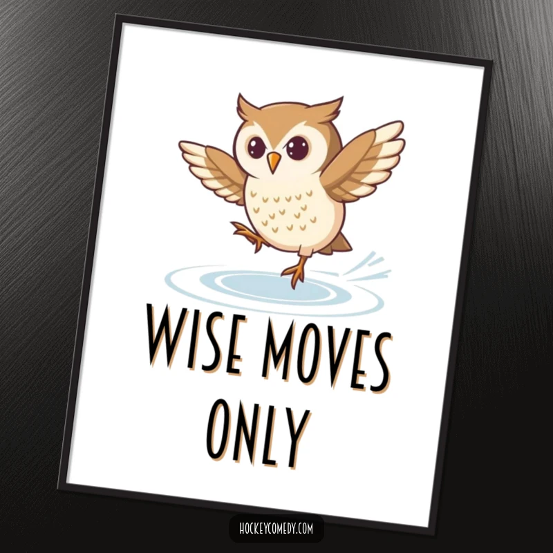Funny digital art print featuring a determined owl executing a tricky ice skating spin move with focused intensity.