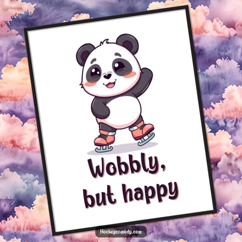 Funny digital art print of a smiling panda comically wobbling on oversized skates, capturing a moment of humorous effort and balance.