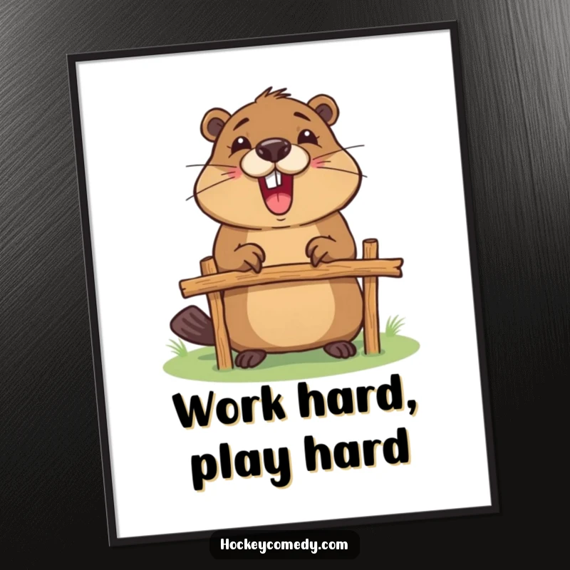 Funny digital art print featuring an excited beaver diligently constructing a small goalpost with sticks and twigs.