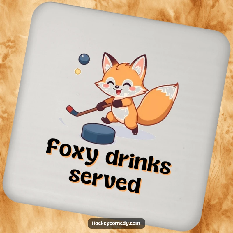 Funny drink coaster featuring a cheerful fox attempting a slap shot, puck veering slightly off target, adding a humorous touch to table settings.