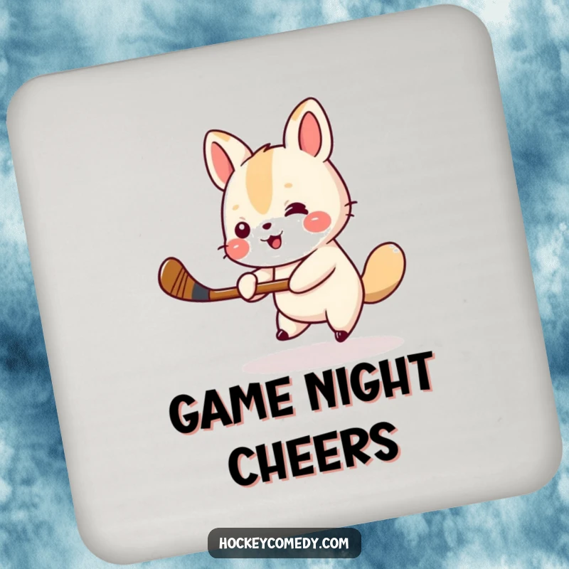Funny animal hockey coaster featuring a small animal cheerfully swinging a miniature hockey stick, protecting surfaces with sporty humor. Ideal funny gift.