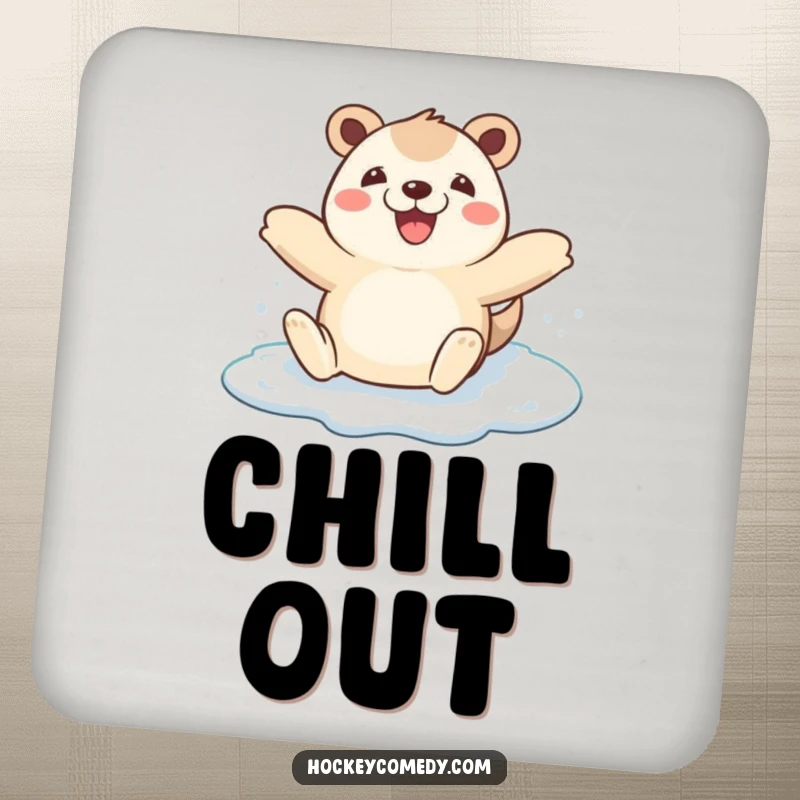 Funny happy animal arms wide on a drink coaster, ice skating with joy, a humorous and functional accessory.