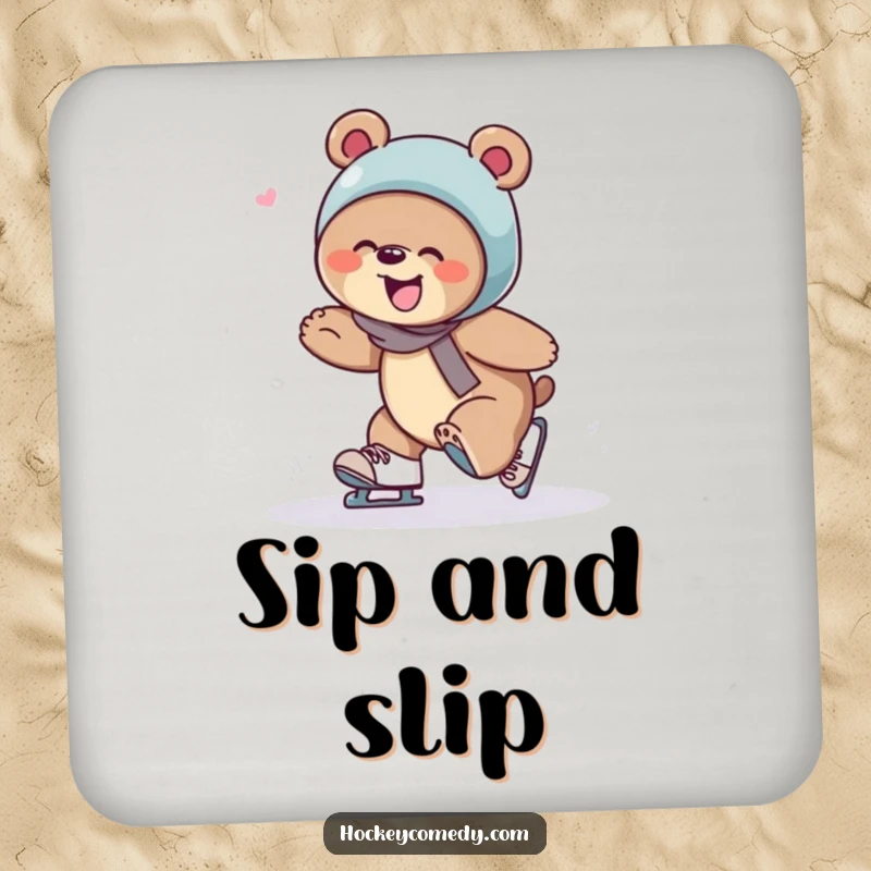 Funny bear tripping over skates, giggling, elegantly placed on a protective drink coaster.