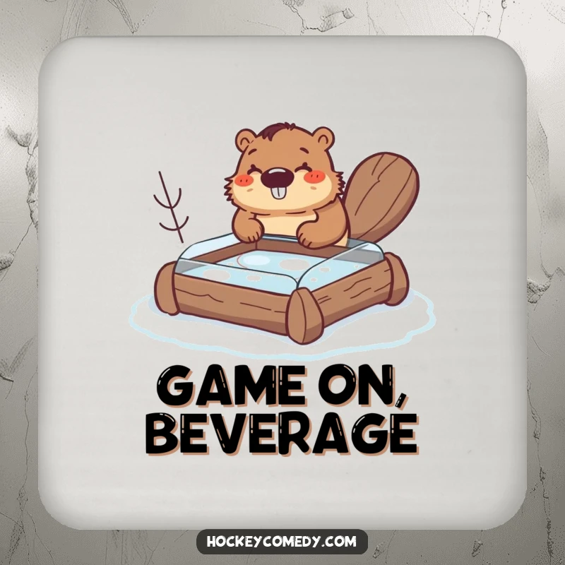 Funny beaver drink coaster, a happy beaver building a small hockey rink from logs, protecting surfaces with humor, decorative and functional.