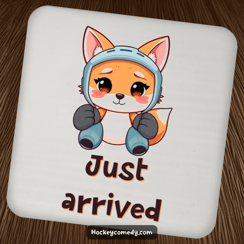 Funny coaster featuring a smiling fox in oversized hockey pads, looking confused, adding humor to drink service.