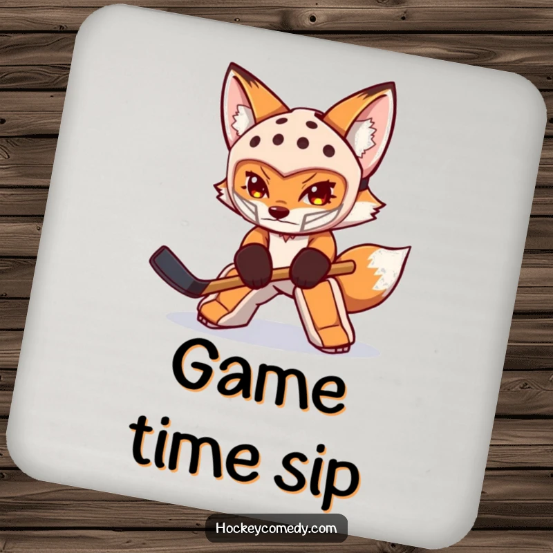 Funny fox coasters, each showing a determined fox goalie in mask swatting a puck, adding sporting humor to drink service.