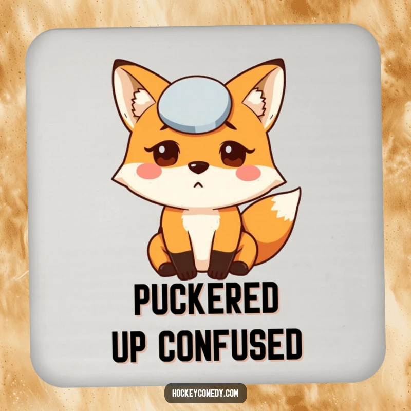 Funny Fox Puck Drink Coaster showcasing a confused fox with a hockey puck on its forehead, ideal for humorous decor.