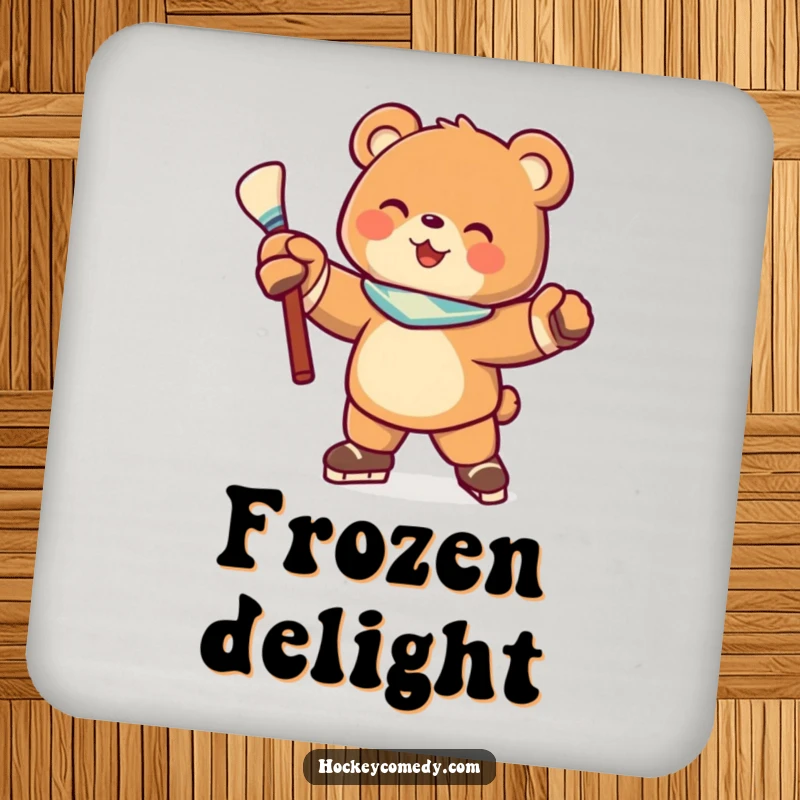 Funny drink coaster featuring a joyful bear character in a hockey pose, protecting surfaces with sporty charm.