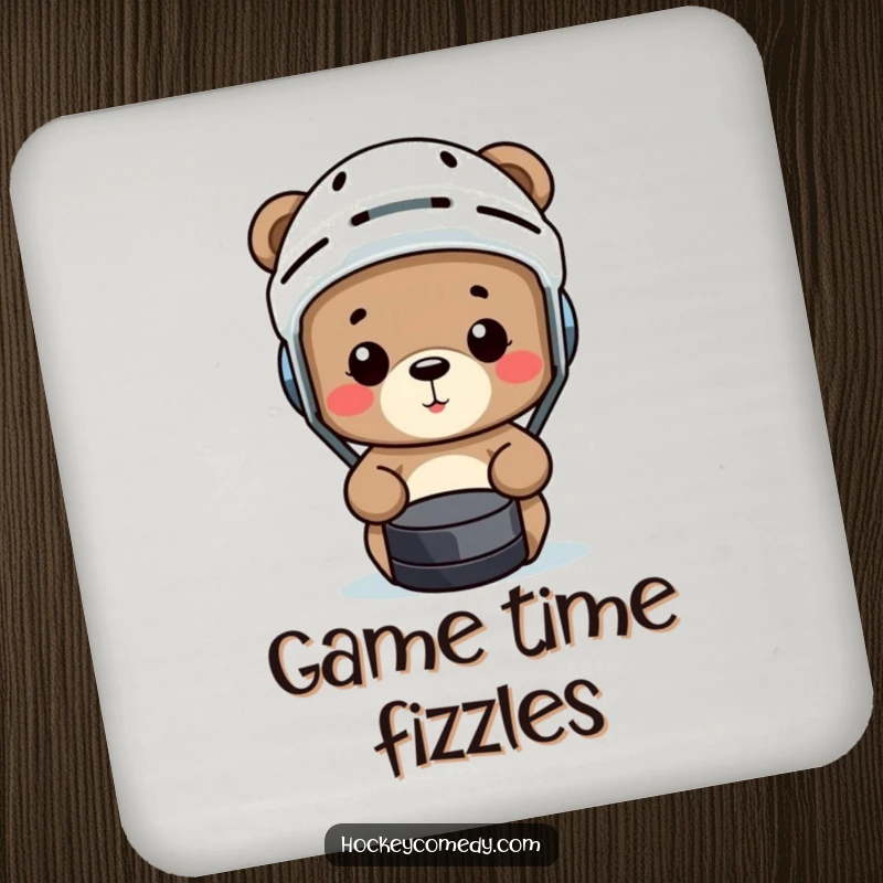 Funny bear wearing a hockey helmet comically misses a puck on humorous sports-themed drink coasters.