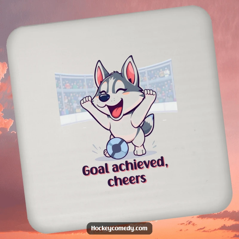Funny husky coaster depicting a soccer goal with a triumphant roar, protecting surfaces with humor, a great funny gift.
