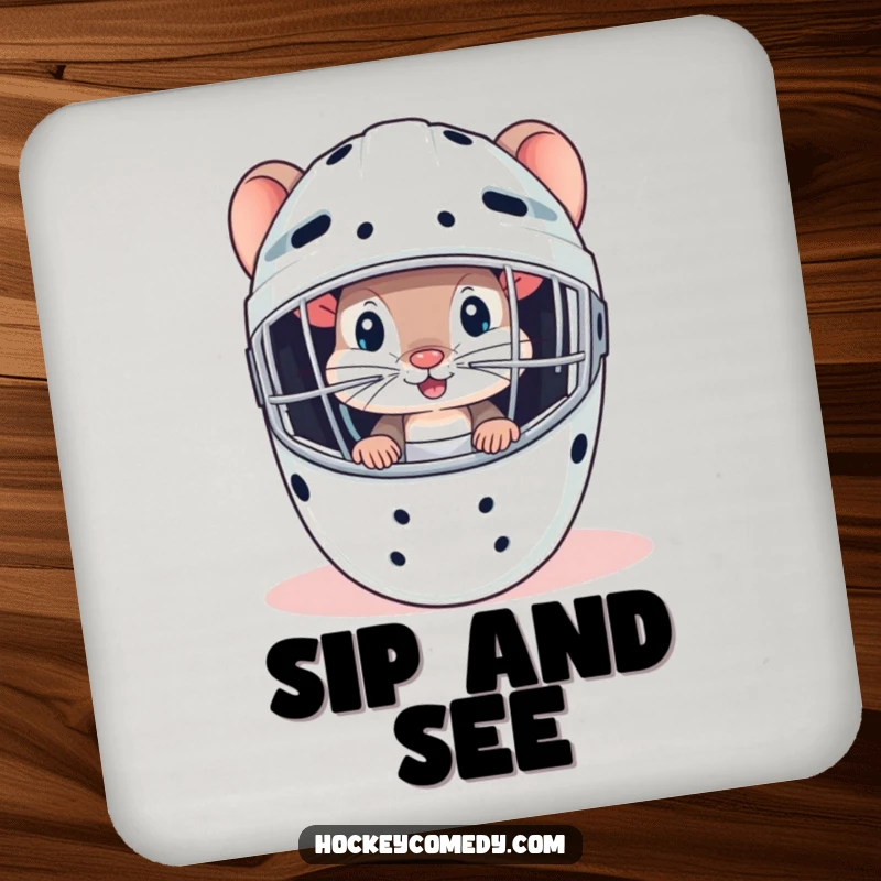 Funny mouse peeking from a goalie mask, creating a stealthy and humorous scene on a coaster.