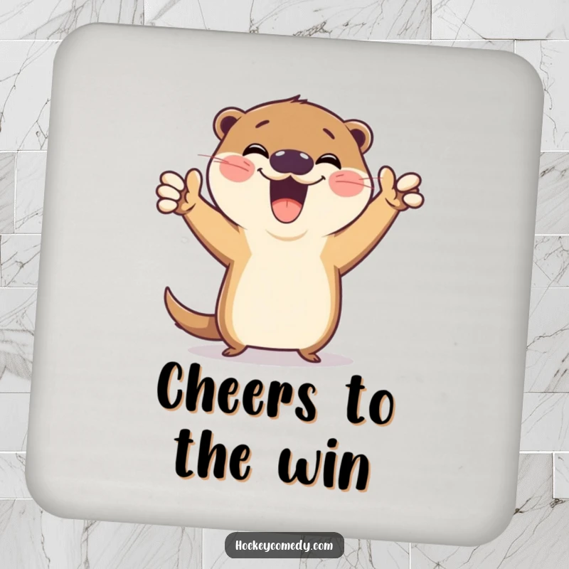 Funny coaster featuring a gleeful otter striking a hilarious victory pose after a goal, celebrating every sip with playful triumph.