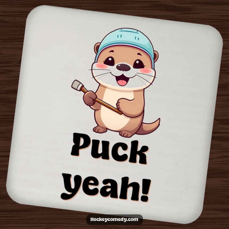 Funny coasters showing a cute otter in a hockey helmet, stick in paw, smiling, protecting surfaces from drink rings.
