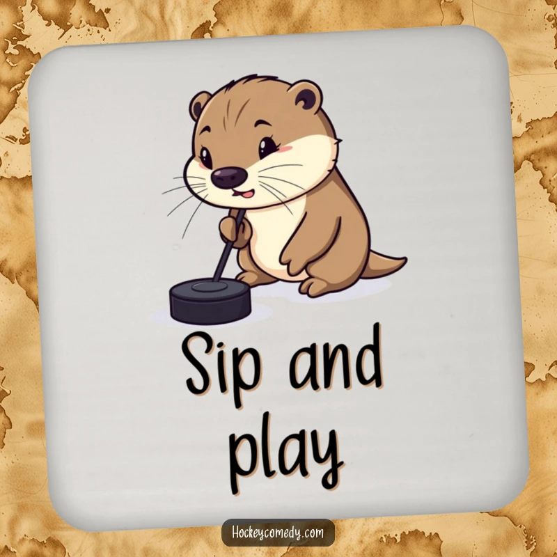 Funny Drink Coaster showing a silly otter comically dribbling a hockey puck with its nose, providing surface protection with a humorous visual.