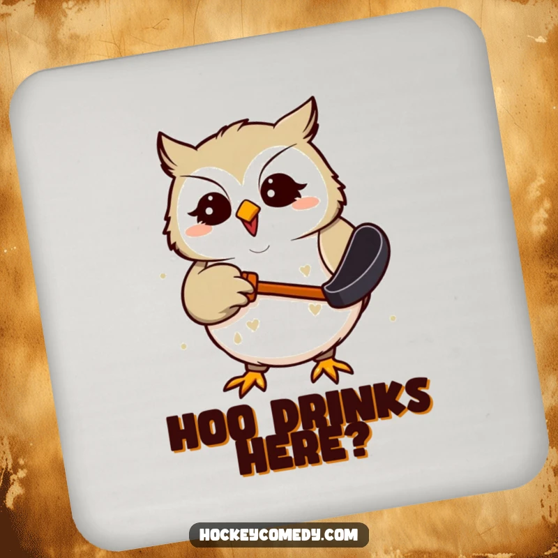 Funny Drink Coaster showing a giggling owl attempting to catch a hockey puck, providing surface protection with a humorous visual.