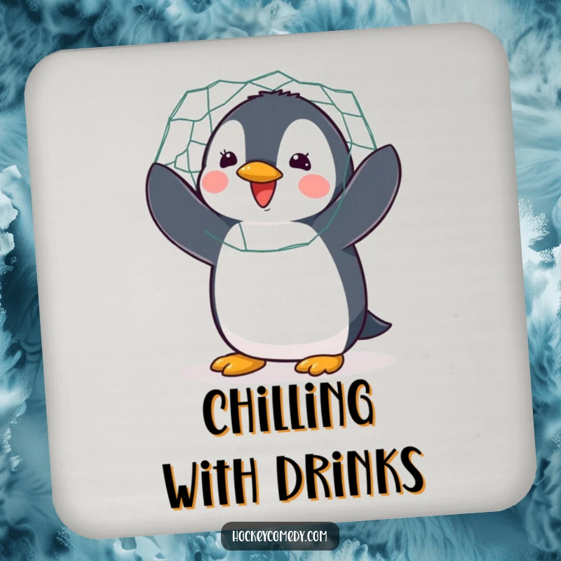 Funny coasters featuring a delighted penguin enthusiastically flapping while guarding a hockey net, protecting surfaces.