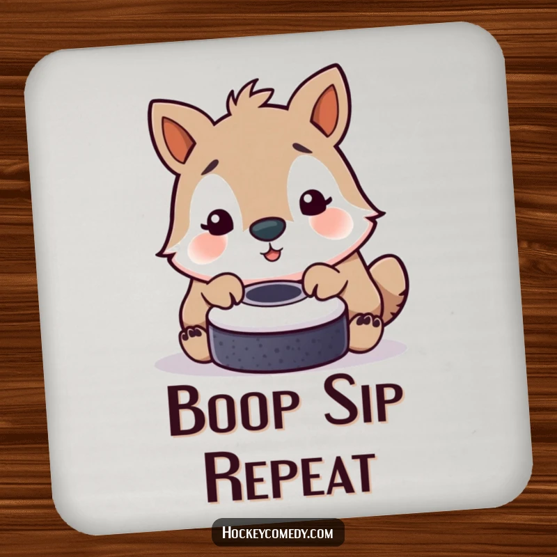 Funny drink coaster with an animal gently nudging a hockey puck with its nose, offering playful surface protection.