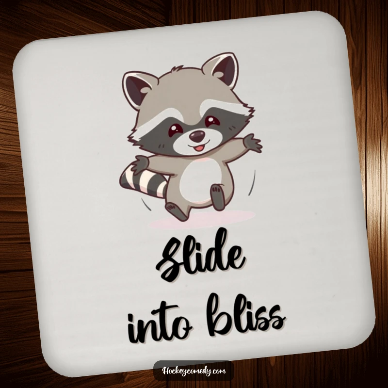 Funny coaster featuring a determined raccoon humorously sliding headfirst, adding a touch of playful energy and comical charm to any drink.