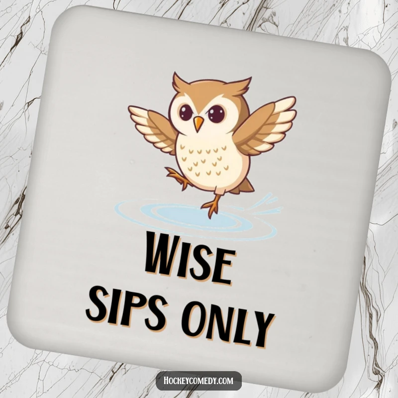 Funny drink coasters displaying a determined owl attempting an ice skating spin, adding a humorous and focused touch to any setting.