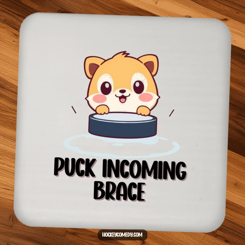 Funny drink coaster with a comically surprised animal's face as a hockey puck zooms past, protecting your surfaces.