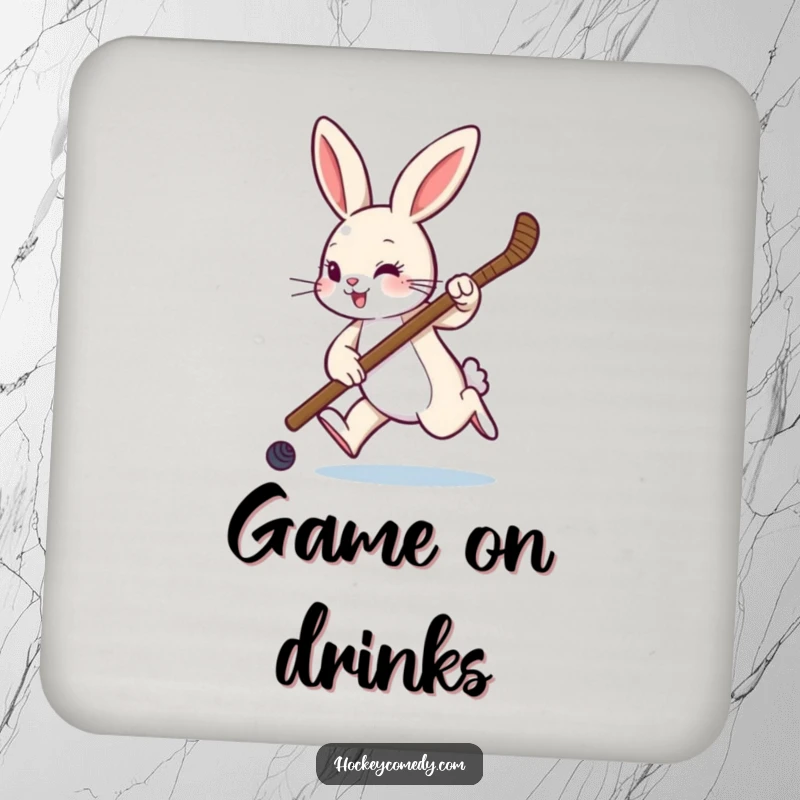 Funny drink coasters featuring a rabbit hopping with a hockey stick, bringing sporty humor to drink service.