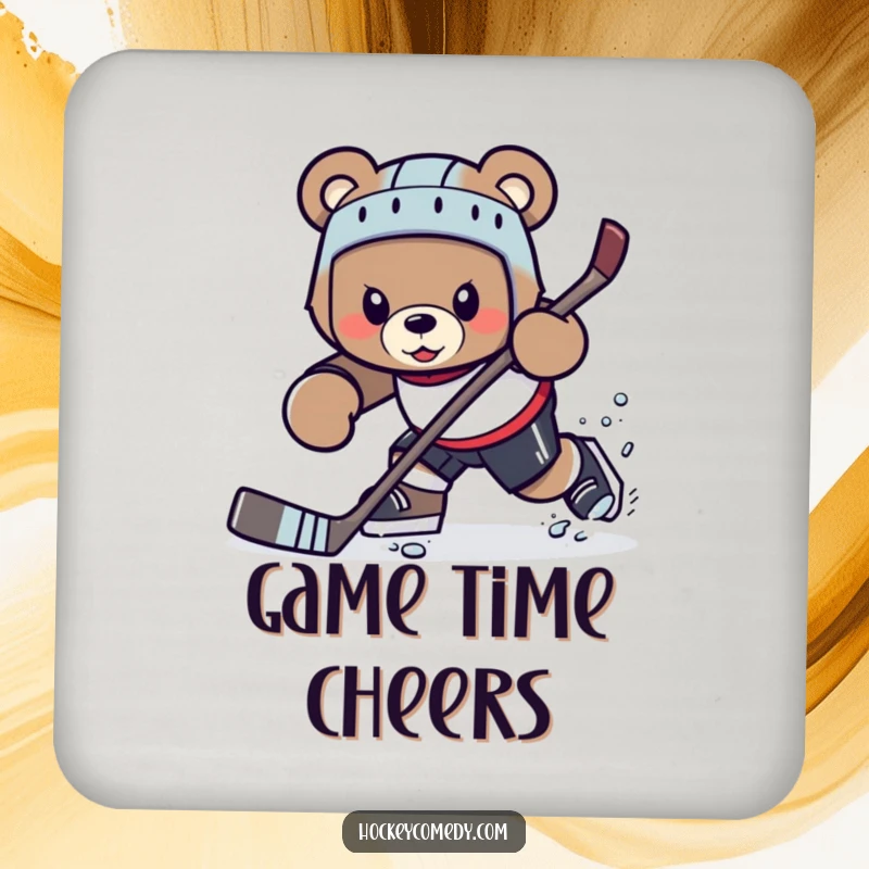 Funny determined bear character attempting a hockey maneuver, protective coaster.