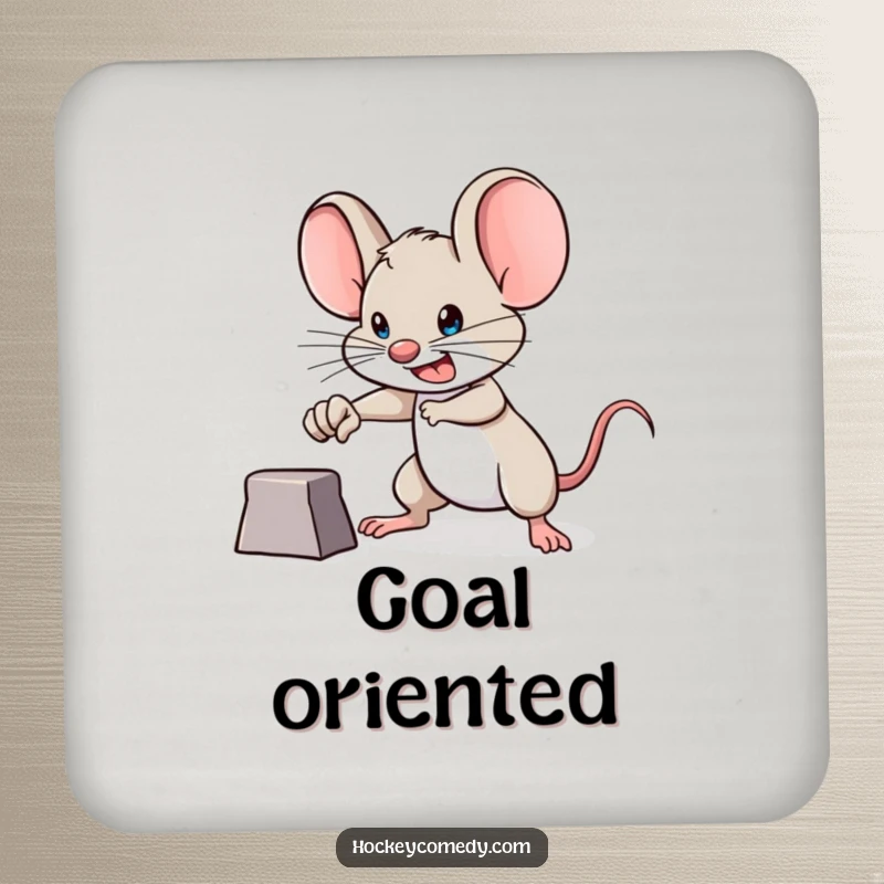Funny brave mouse coaster, determined expression, aiming for a goal, symbolizing ambition and humor for a quirky gift.