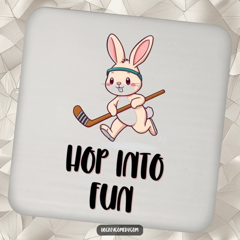 Funny rabbit hockey coaster, depicting a playful rabbit hopping with a stick, adding whimsical protection.