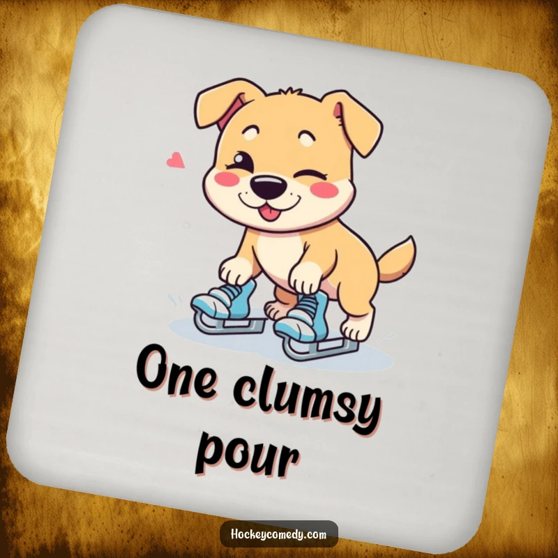 Funny dog character tripping on roller skates with a wink, round drink coaster.