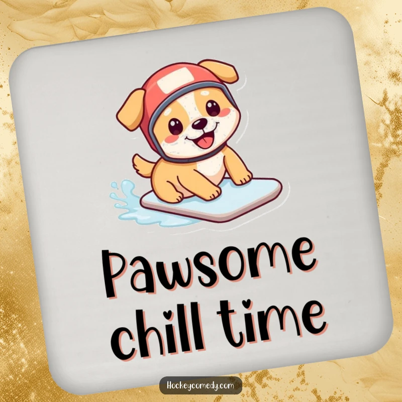 Funny drink coaster: A happy dog wearing a small hockey helmet slides on ice, offering a humorous touch to any table.