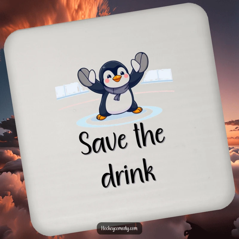 Funny penguin goalie drink coaster depicting a humorous, exaggerated hockey save, protecting surfaces with a smile.