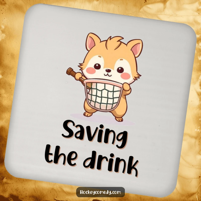 Funny drink coaster with a brave animal as a determined goalie, fiercely protecting a small net, perfect for surface guarding.