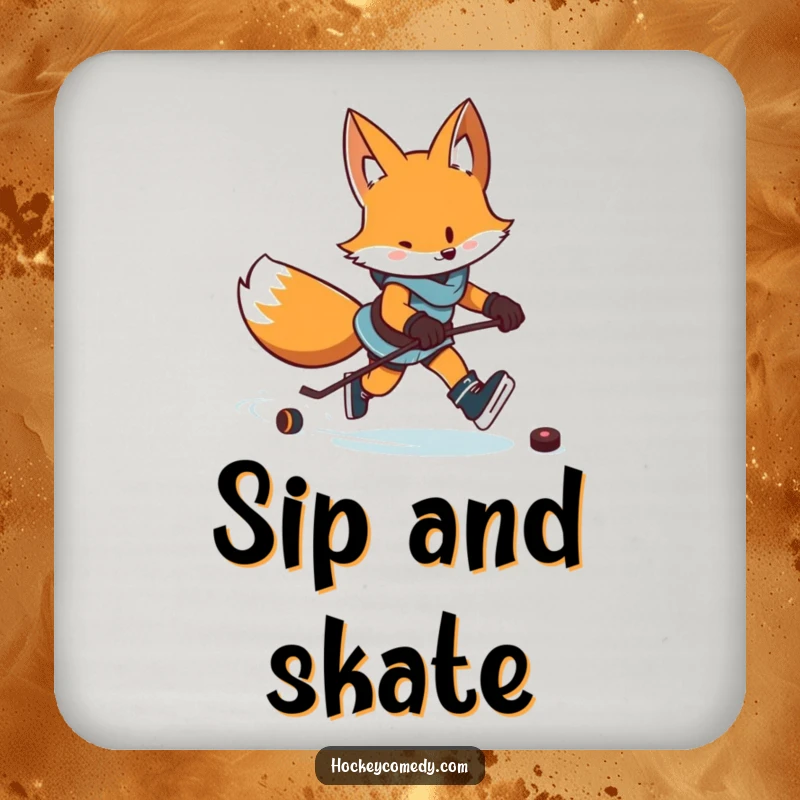 Funny coasters featuring a determined fox skating with a puck, leaving a zigzag trail, protecting surfaces.