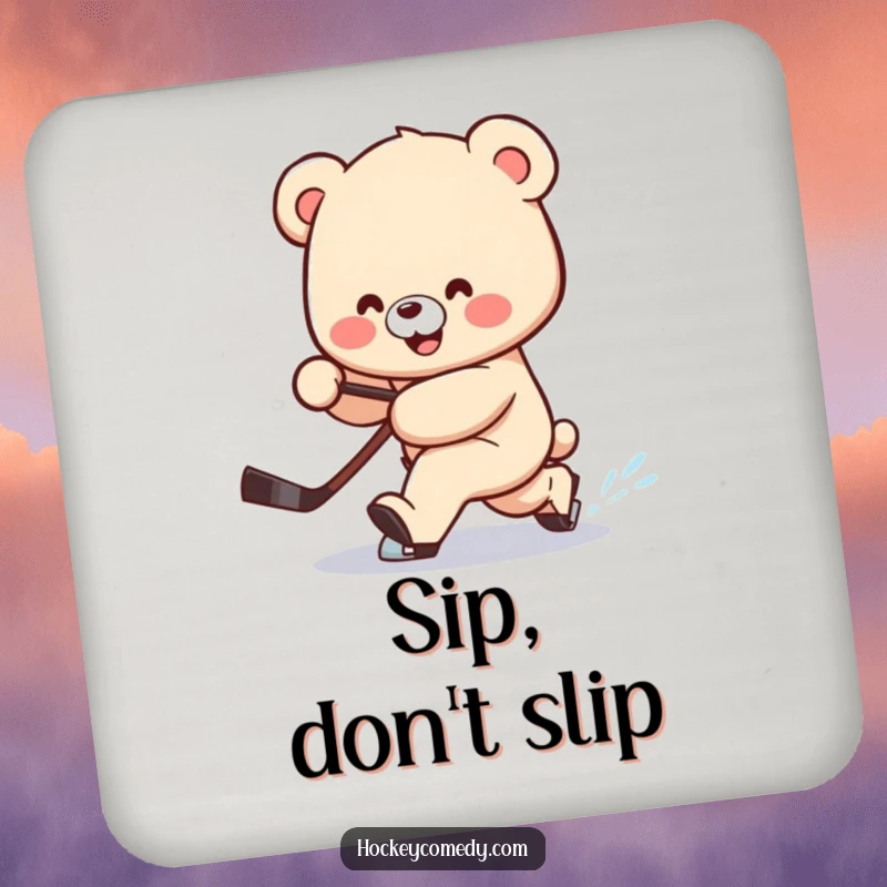 Funny coasters featuring a smiling bear attempting a clumsy hockey deke, stick trailing behind, protecting surfaces.