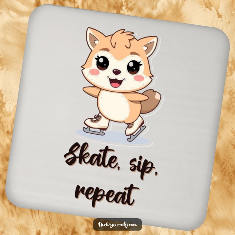 Funny skating animal coaster featuring a stylized animal with skates mid-stride and gleeful eyes, protecting surfaces with smooth humor. Ideal funny gift.