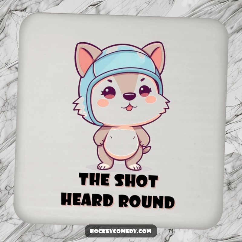 Funny drink coaster featuring a determined animal wearing a helmet, mid-slapshot, a powerful addition to any table.