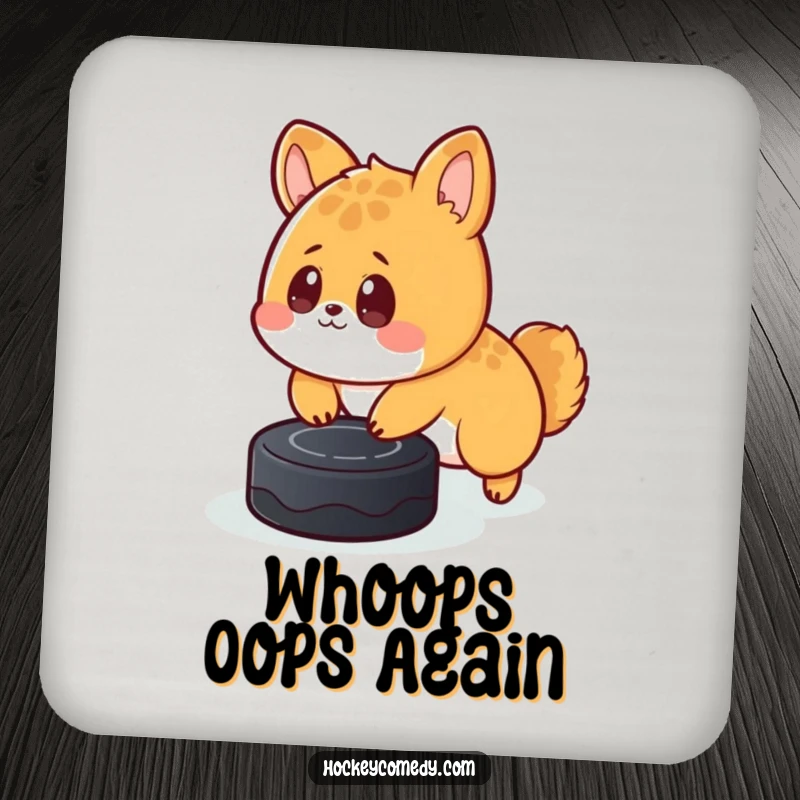 Funny drink coaster featuring a cute, surprised animal tripping over a hockey puck, a humorous addition to any table.