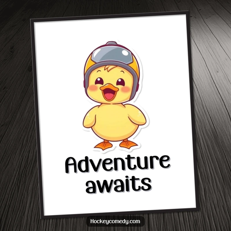 Funny duck sporting a tiny helmet, exuding pure joy and readiness for any adventure on this art poster.
