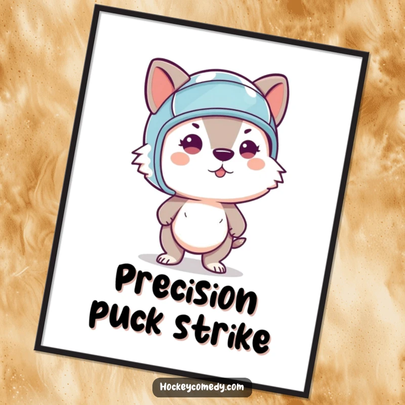 Funny poster displaying a determined animal wearing a helmet, mid-slapshot, capturing the intensity of the game.